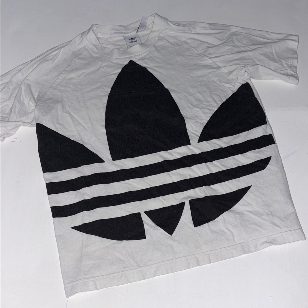 Adidas White Tee with Black Trefoil Design
